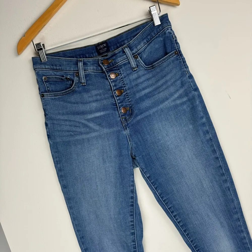 J. Crew High Rise Skinny Jeans Sz 29 Button Fly Stretch Medium Dark Wash Raw Hem - Image 6
