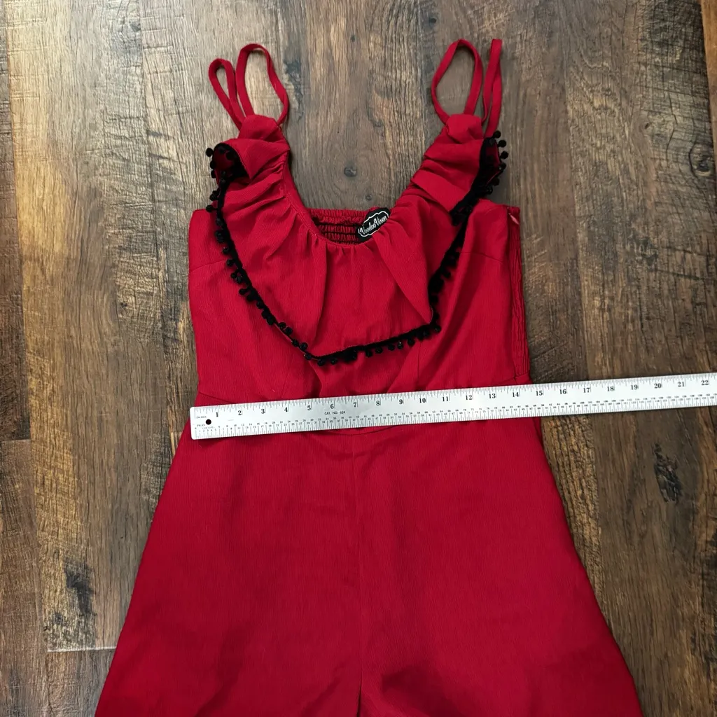 VOODOO VIXEN brick red romper with pompom trim, size L Size L - Image 14