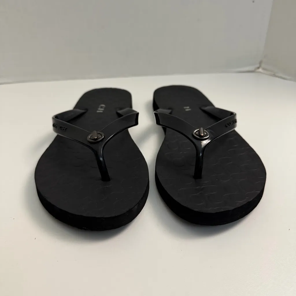 Coach Sandals Abbigal Flip Flops Logo Medallion Travel Beach Cruise Black Silver - Image 2