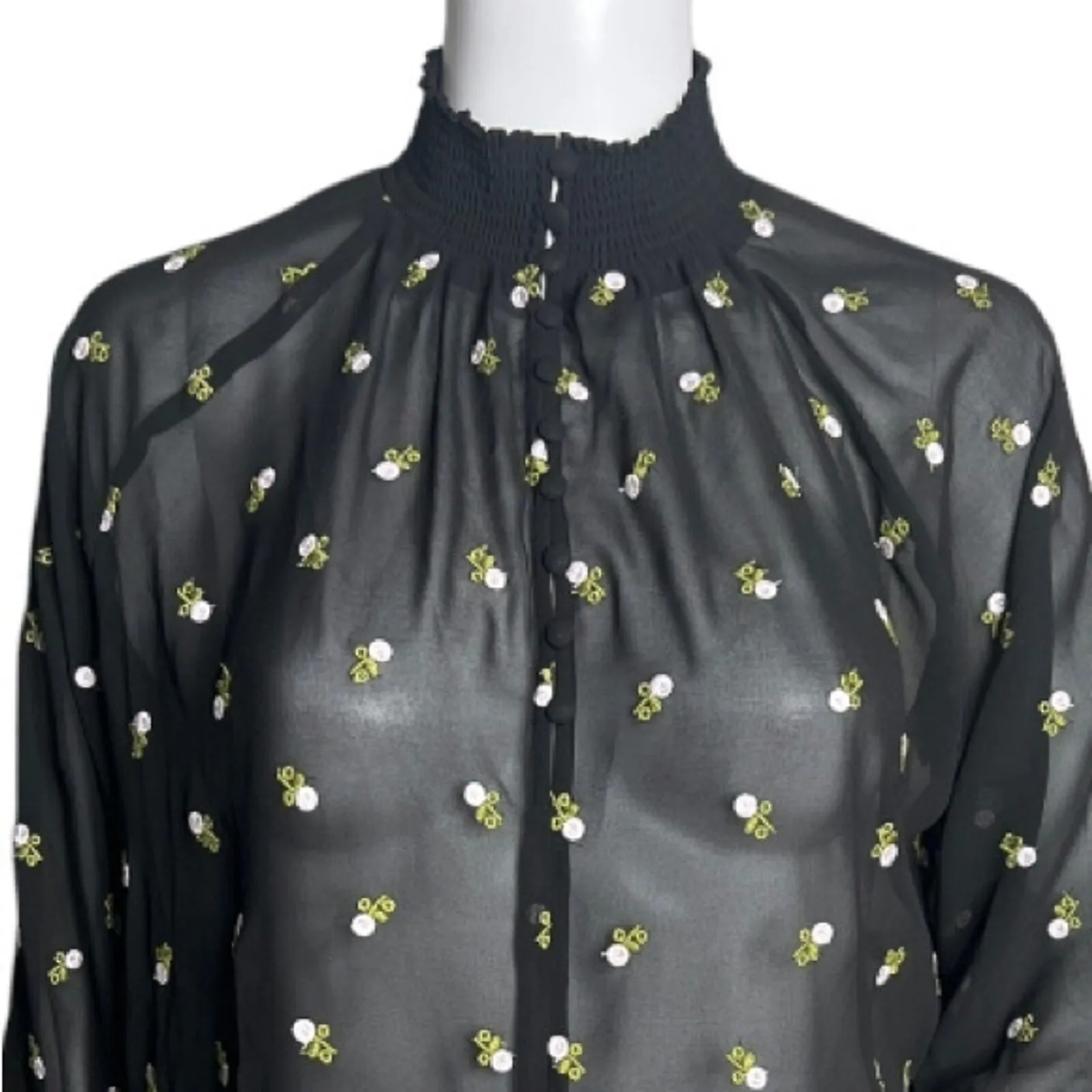 Cabi Shirt Womens Small Black White Alegria Embroidered‎ Floral Sheer Peasant - Image 4