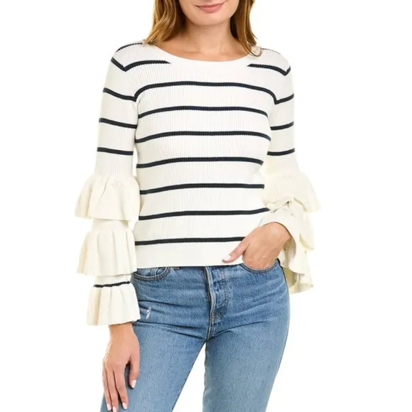 Chaser Ribbed Navy Cream Striped Tiered Ruffle Sleeve Sweater Cotton Size Medium - Image 2