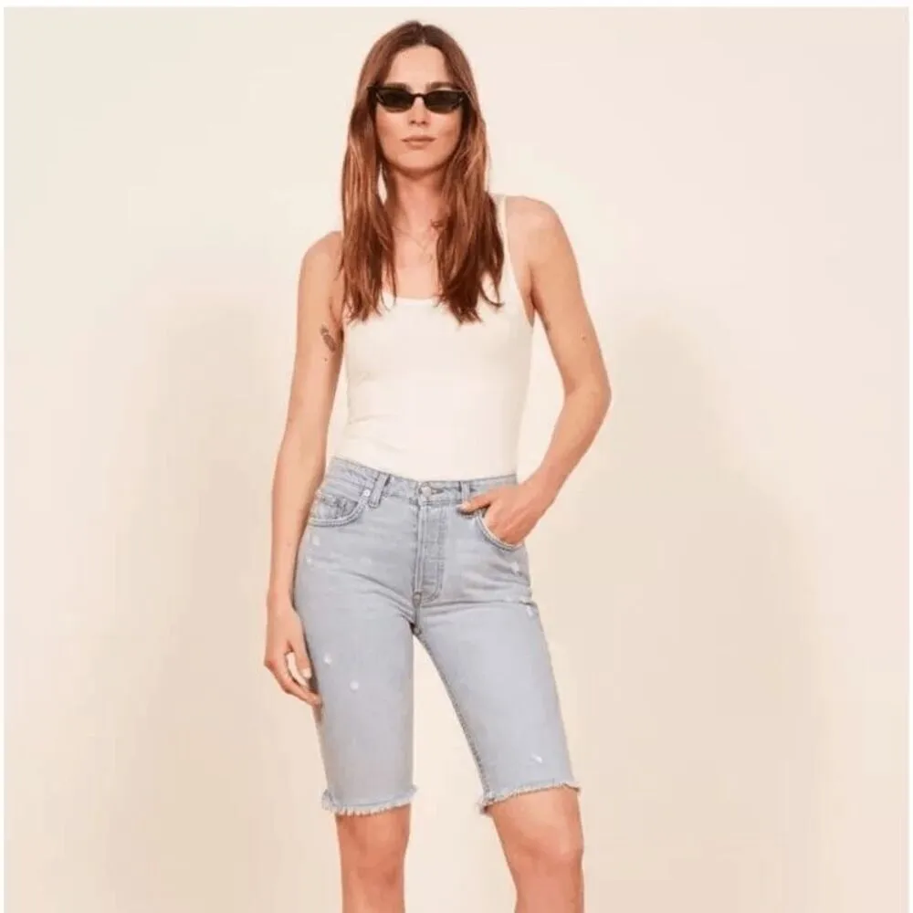 Reformation Light Blue Mid Rise Bermuda Light Distressed Shorts Size 25 NWT - Image 9