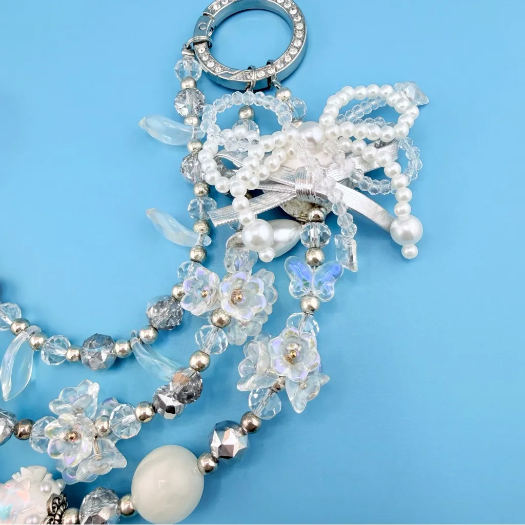 🤍 Luxury Bag/Phone Chain Charm/Keychain Triple-Layer Flowers Fancy Crystal Beads - Image 9