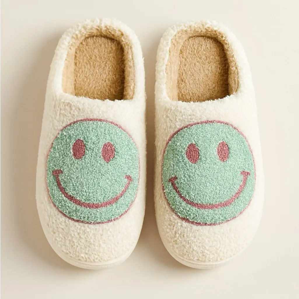 Cozy Cream Smiley Face Slippers for Women Blue Size 9 - Image 2
