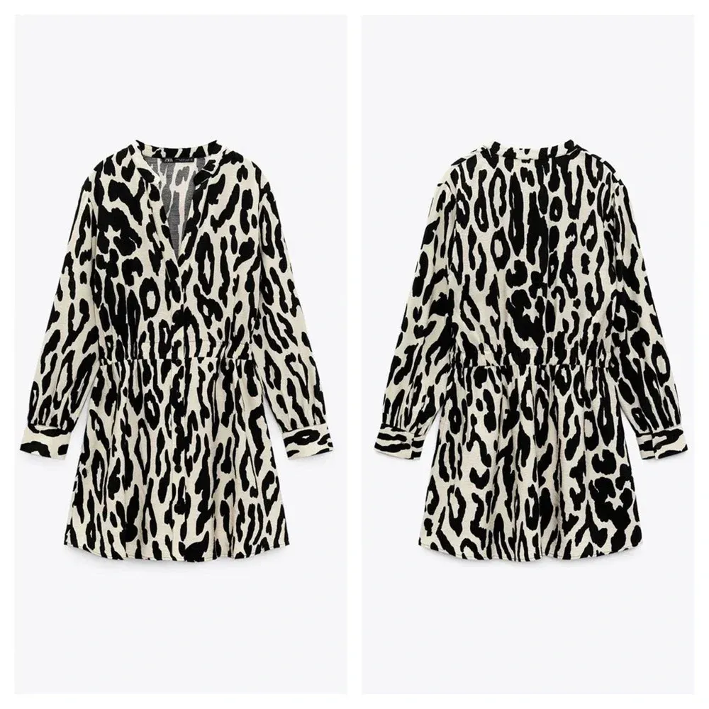 Zara Animal Print Long Sleeve Aline Button Mini Shirt Dress XS - Image 3