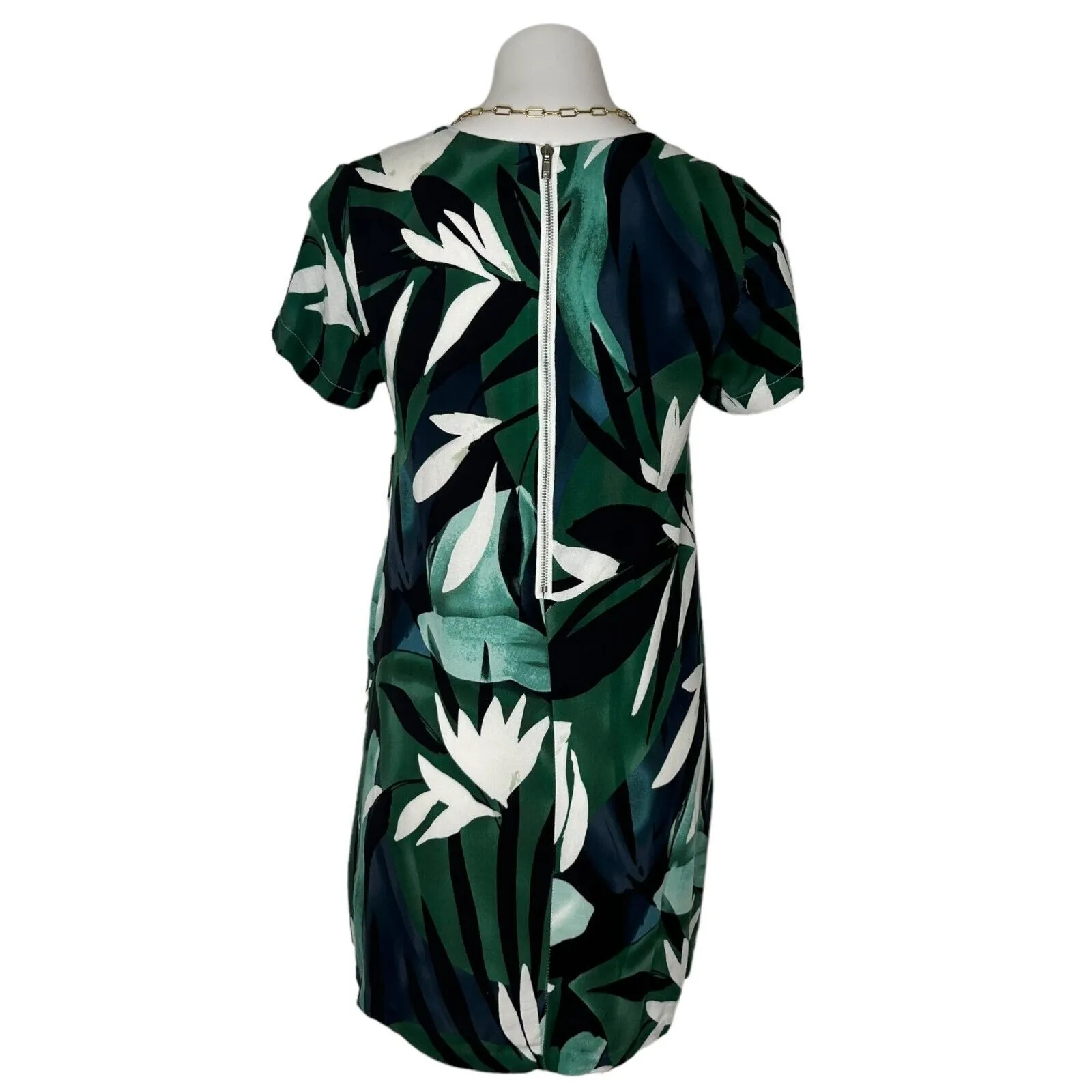 OLIVACEOUS Large Floral Print Green Back Zip Casual‎ Shift Dress Size S Tropical - Image 6