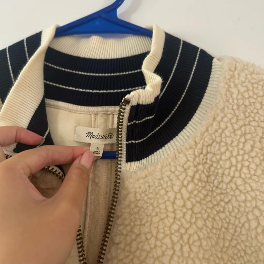 Madewell Sherpa Varsity Cream Fall Bomber Jacket Size L - Image 6