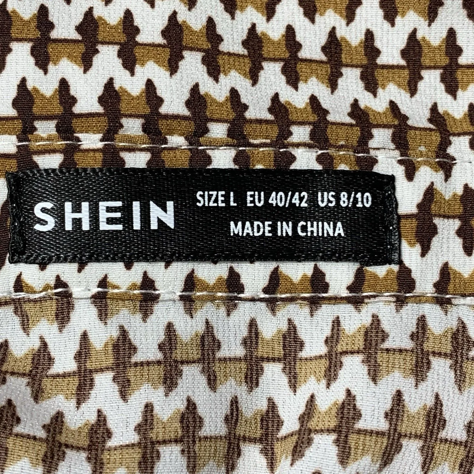 SHEIN Houndstooth Button Up Shirt Brown White Size L US 8/10 Short Sleeve Blouse - Image 5