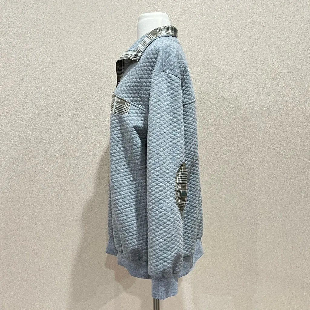 Grey Quilted Sweatshirt Green Plaid Elbow Patches Size XL Gray - Image 9