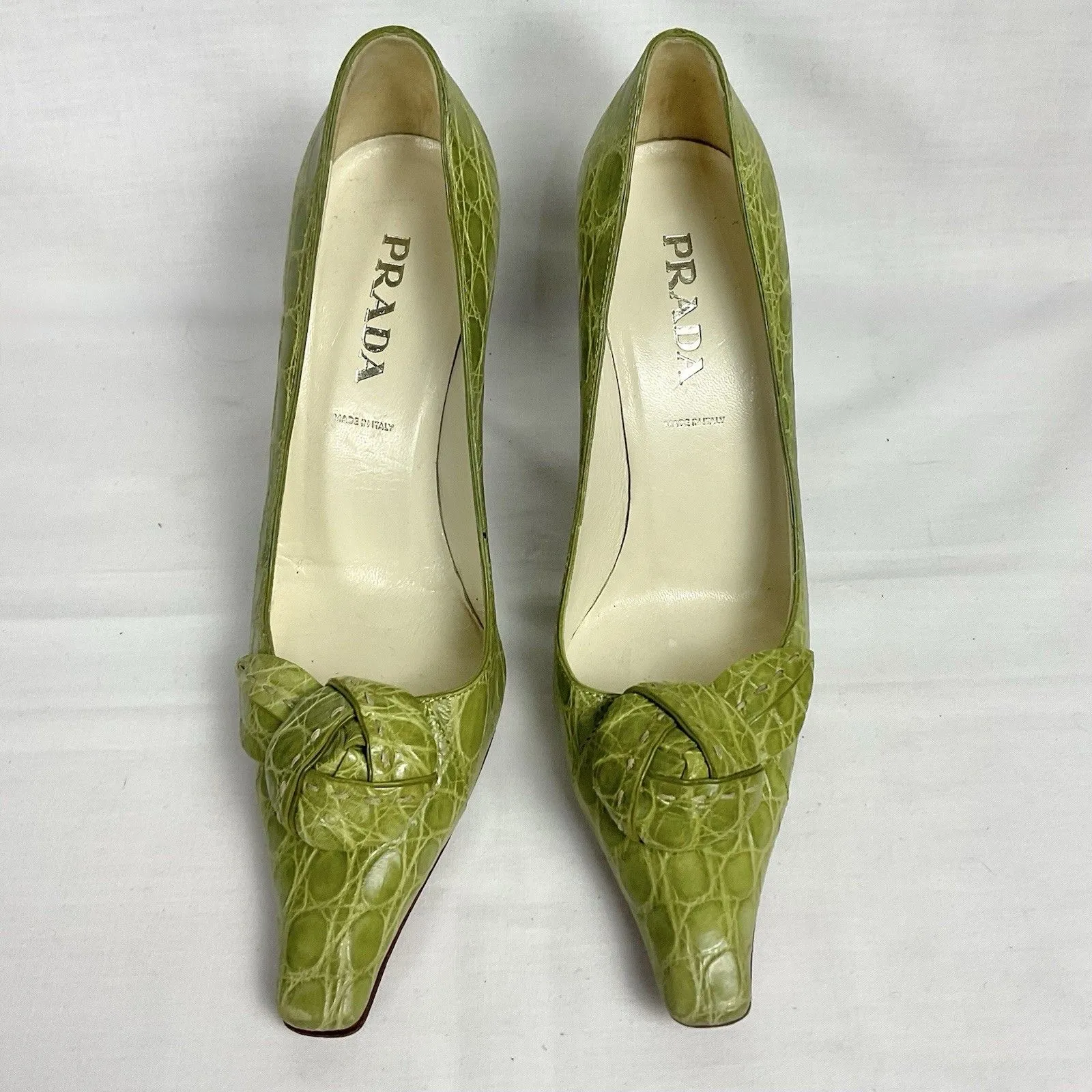 Prada Vintage Knot Croc Print Heels Leather Green Pumps Sz 35.5 (Prada) US 5.5 - Image 2