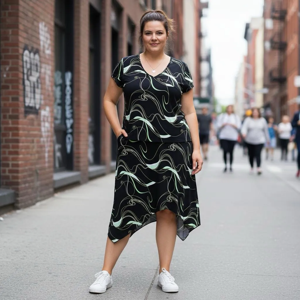 Susan Lawrence 2-Piece Skirt & Top Set Black Green Abstract Print - Size 1X-2X - Image 2