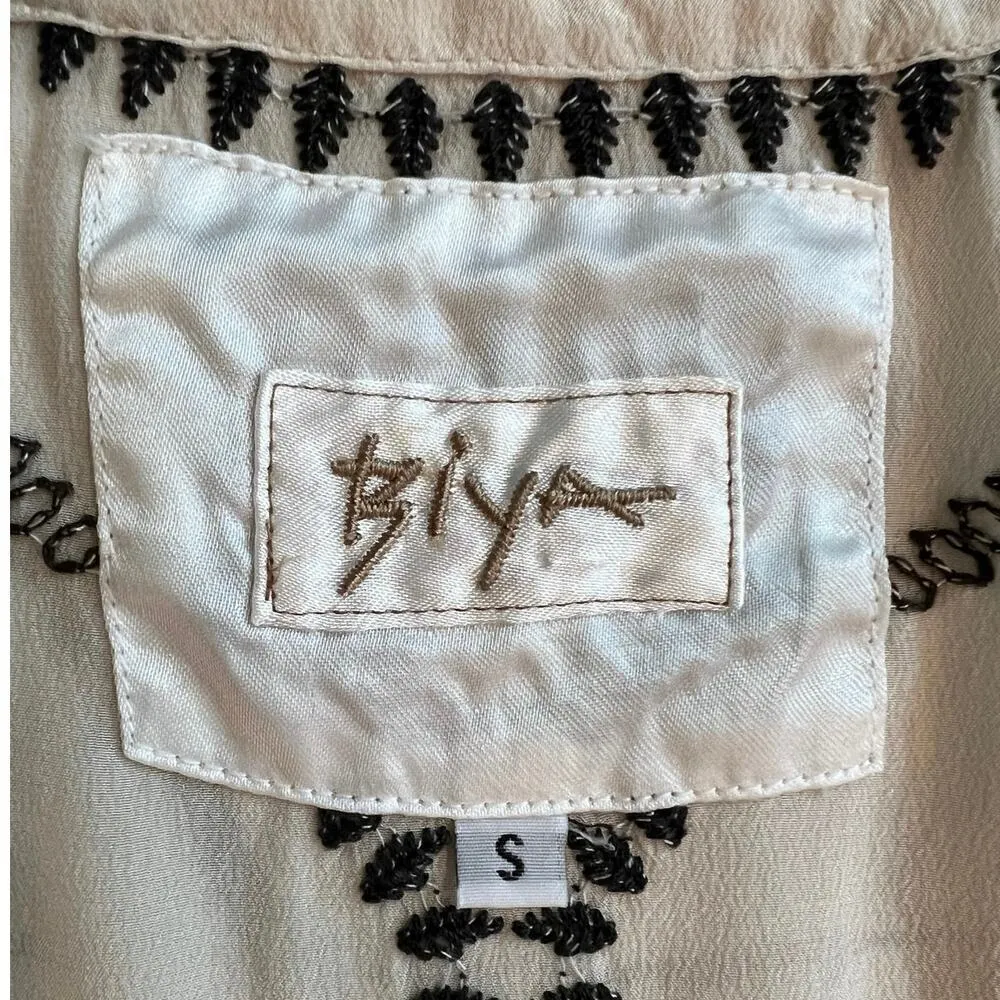 BIYA Johnny Was 100% Silk Cream Black Embroidered Tunic Top Boho Sheer Size S - Image 7