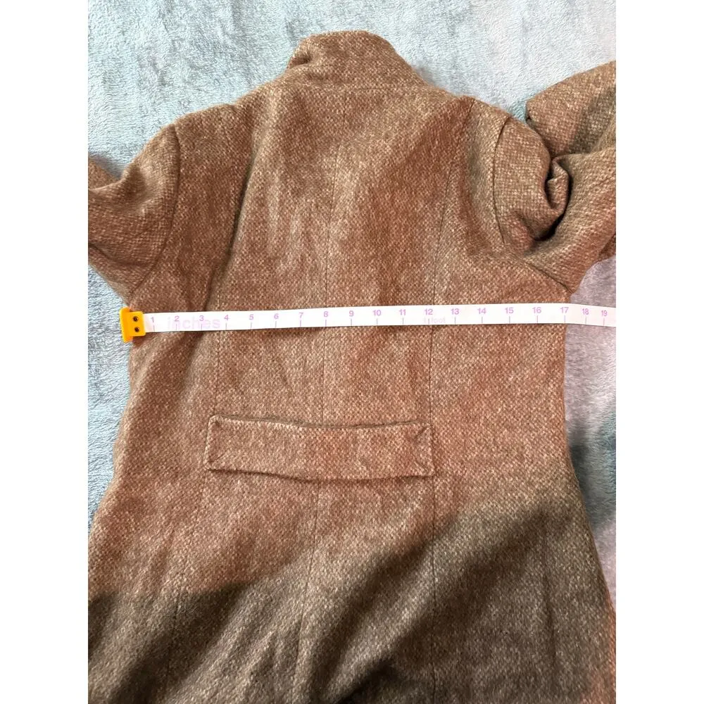 Zara Basics Wool Mohair Blend Camel Long Coat Hidden Button Puff Shoulder Medium Brown - Image 13