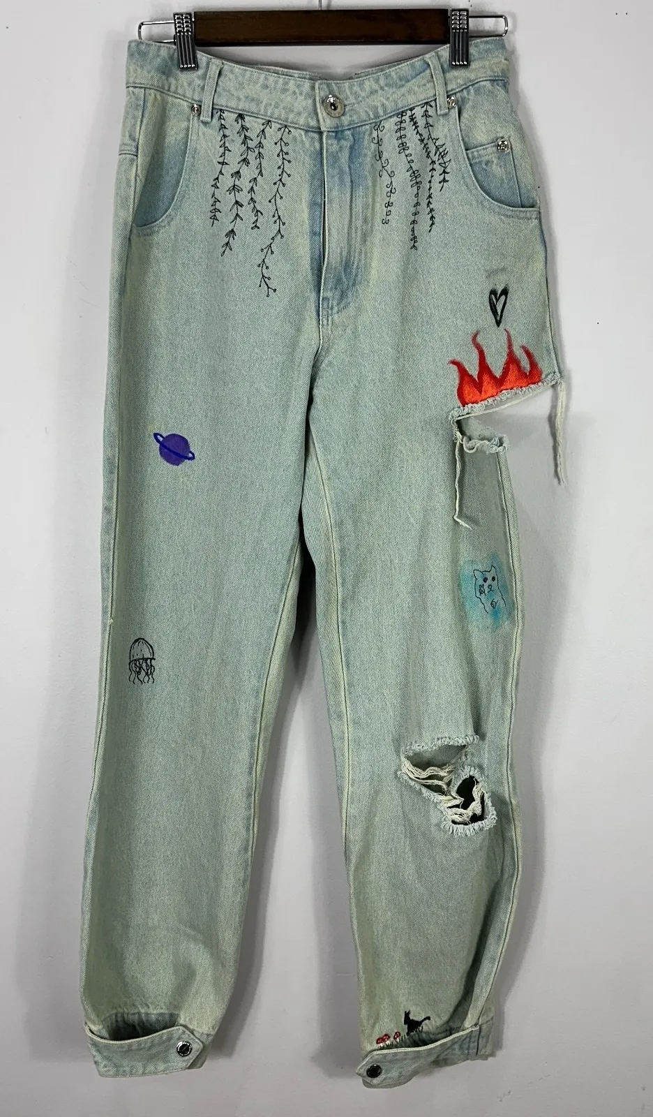 Manière De Voir Jeans 8 Light Wash Y2K Grunge Painted Patchwork Ripped Alt Emo - Image 1