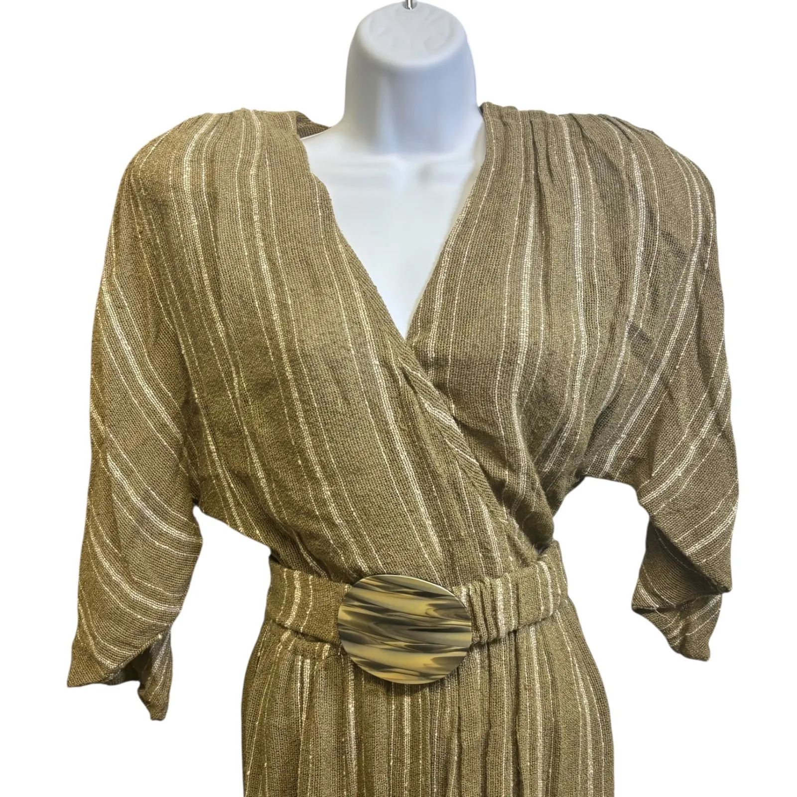Vintage Sybil California Striped Maxi Dress Batwing Sleeve Belted Size‎ Medium** Tan - Image 3
