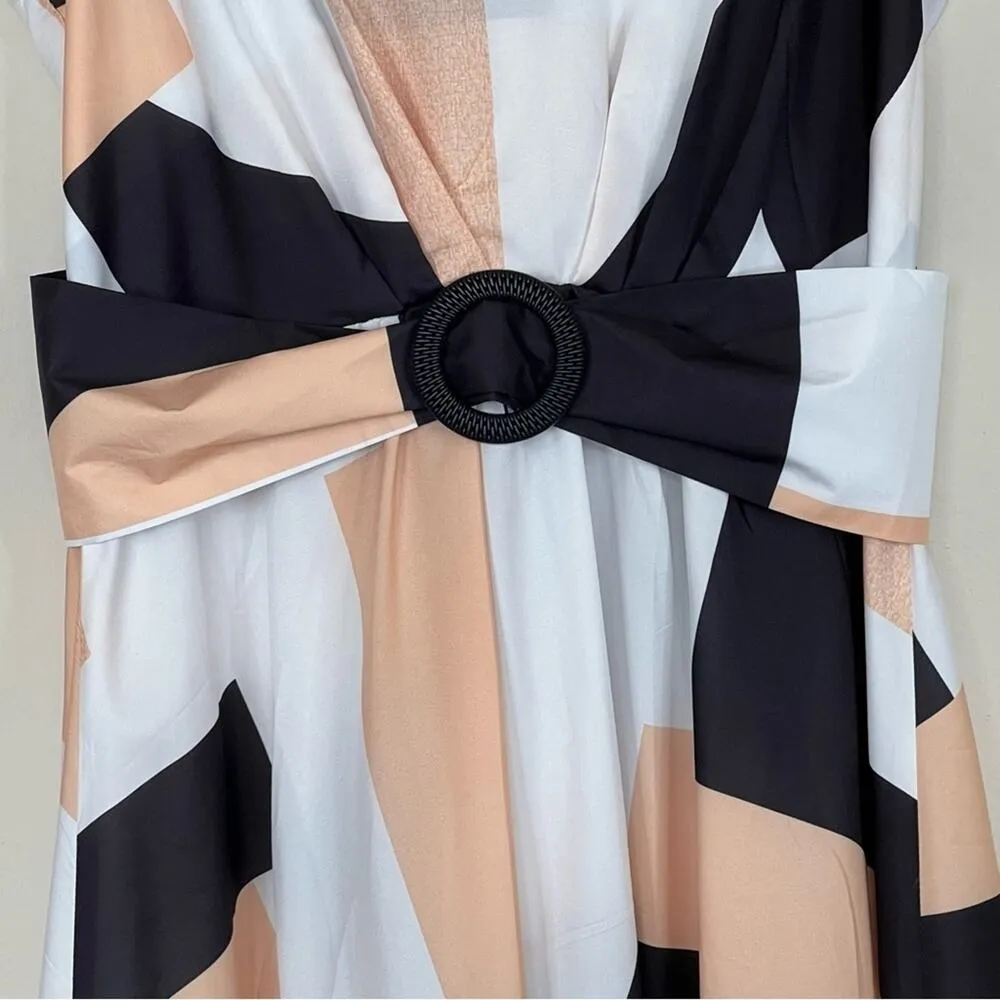 CBR ChicMe black tan geometric print tie shoulder belted midi dress M NEW - Image 3