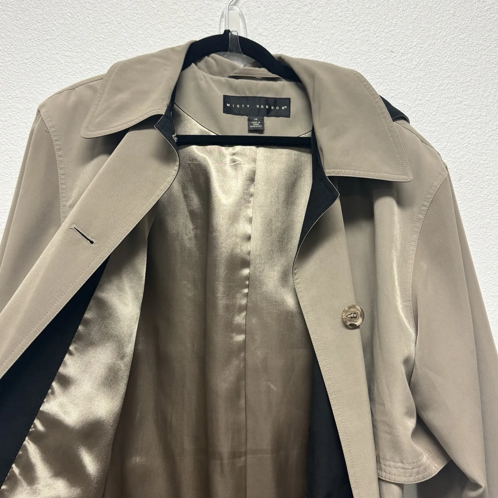 Misty Harbor Beige Khaki Trench Coat Women's 14 XL Removable Hooded Belt Vintage Tan Size 14P - Image 5