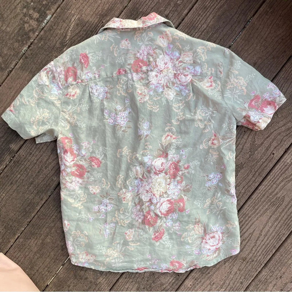 Lauren Ralph Lauren Linen Green Floral Toile Print Short Sleeve Button Shirt S - Image 4