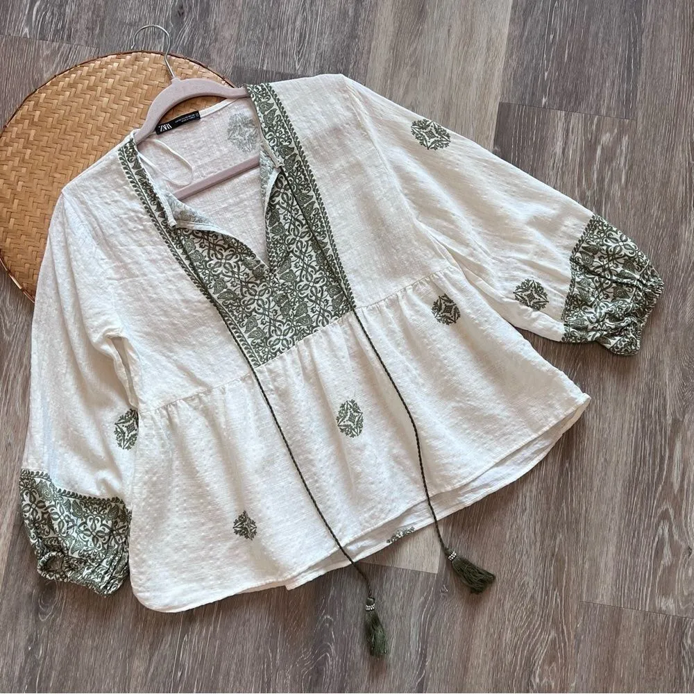 Zara green printed rustic blouse‎ boho women’s size xs - Image 7