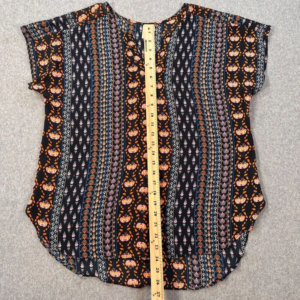 Cato V-Neck Short Sleeve High Low Blouse Women Large Navy Blue Orange Semi Sheer - Image 5