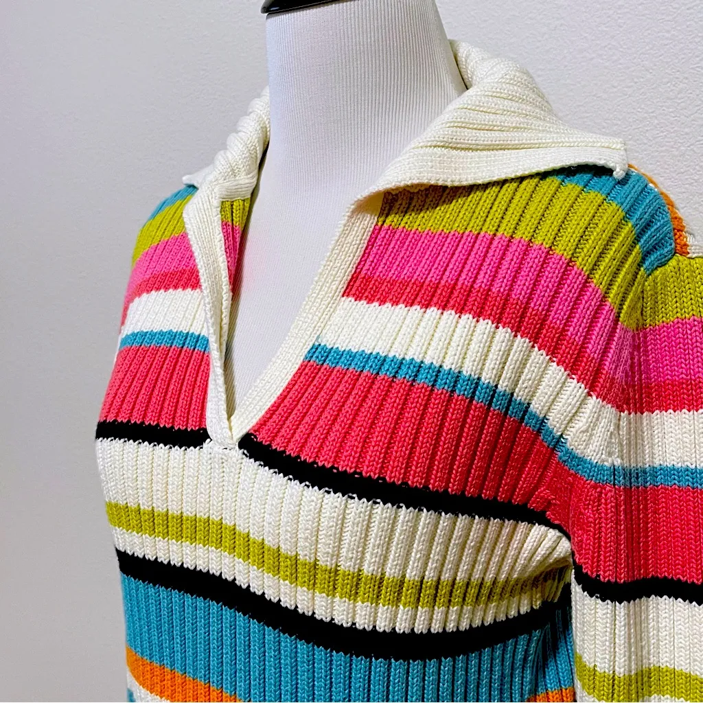 Y2K Tommy Hilfiger Striped Collared V-neck Thick Ribbed Knit Sweater L - Image 4