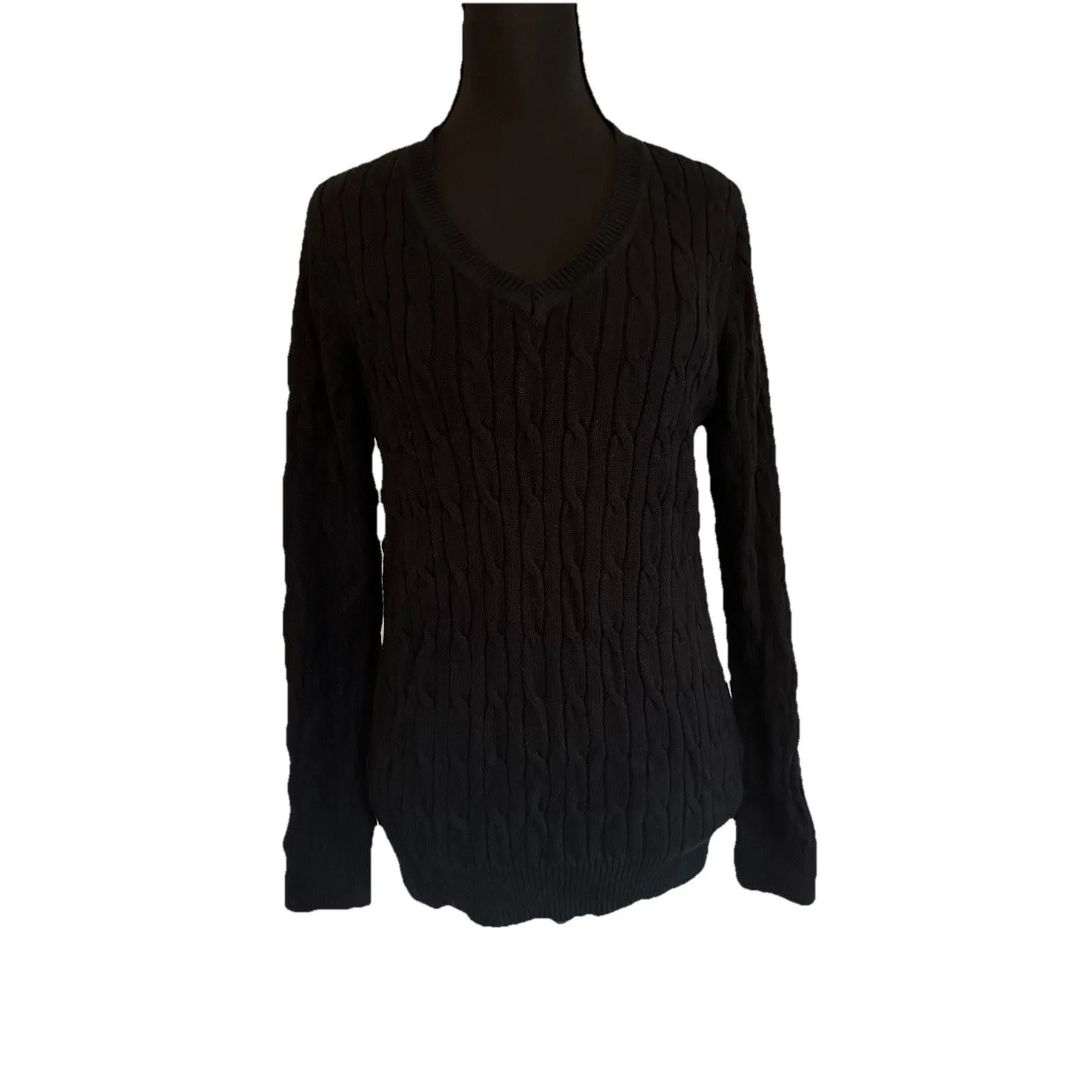 Style & Co Black Cotton Cable Knit V Neck Sweater Wardrobe Essential Women Sz M Size M - Image 3
