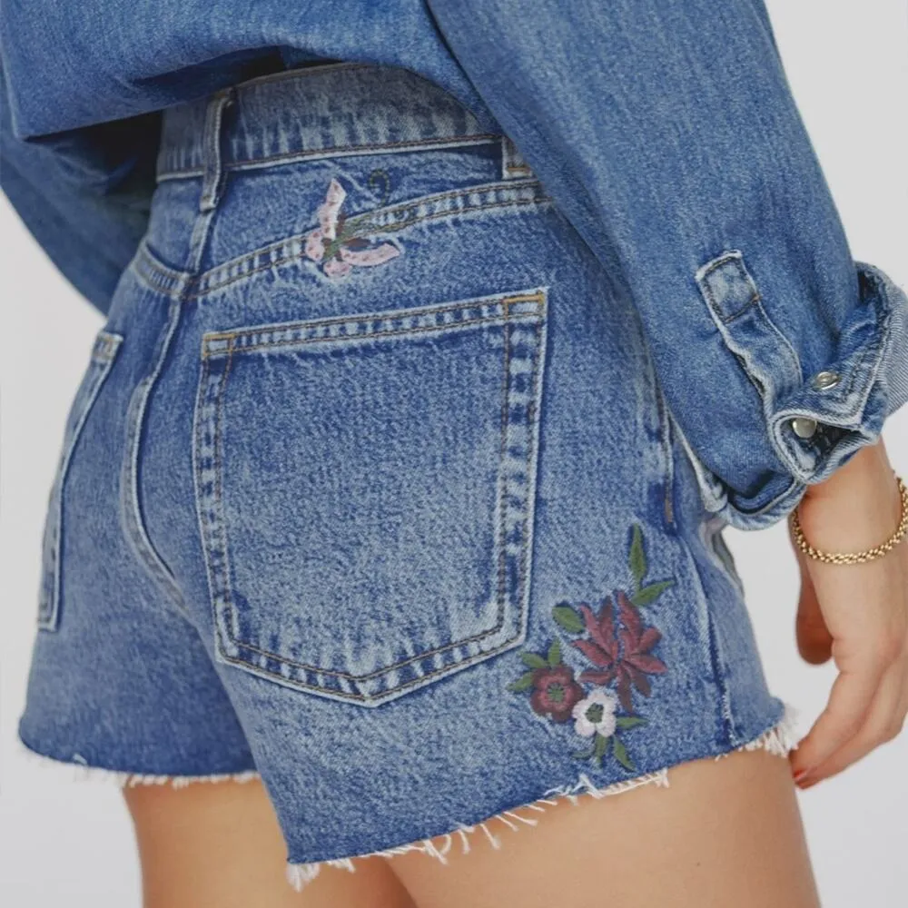 NWT Reformation Jean Shorts Cutoffs High Rise Raw Hem Embroidered Flowers 29 - Image 5