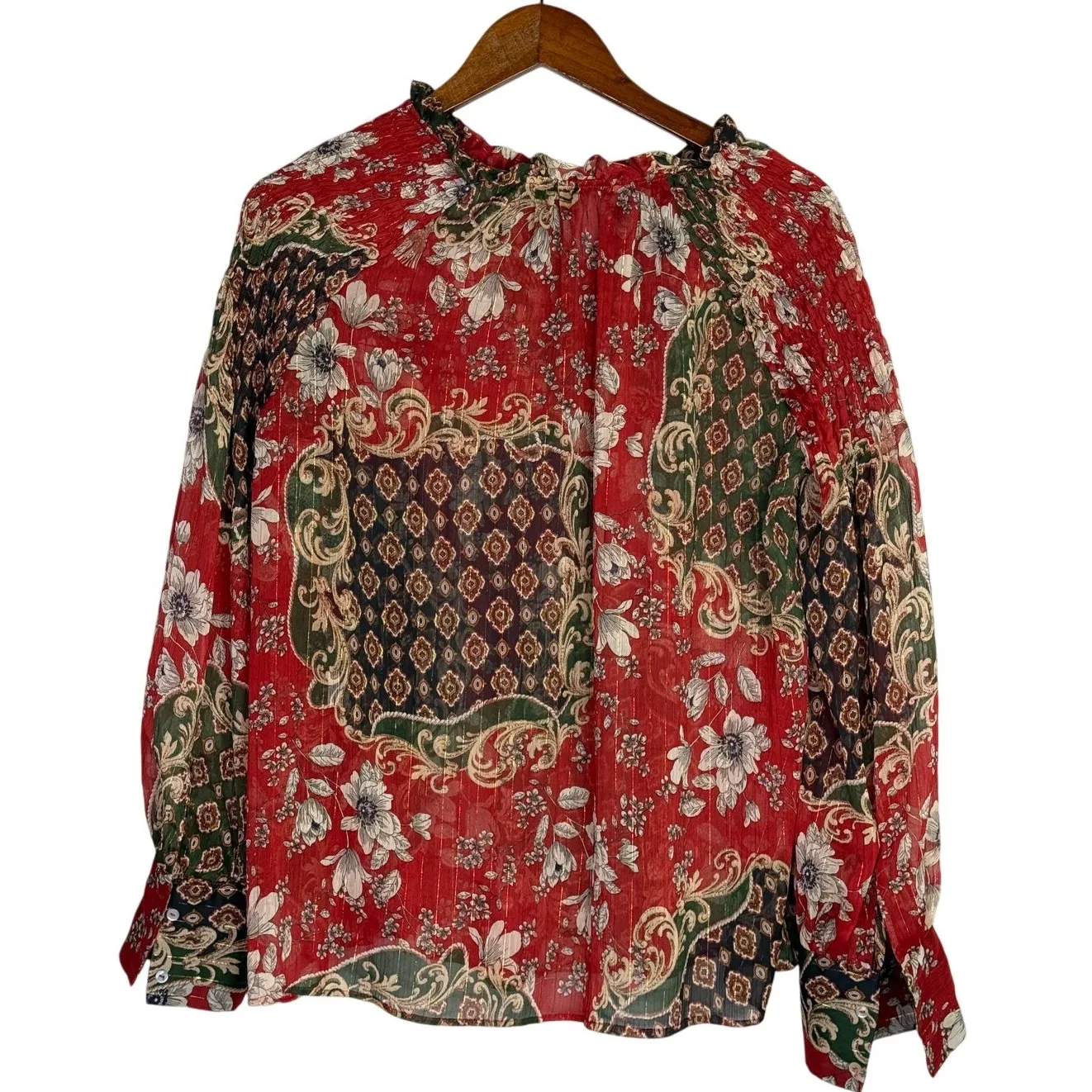 Zara Floral Sheer Long Sleeve Flowy Boho Blouse Smocked Ruffle Neck XL Red Green - Image 12