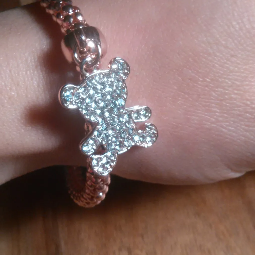White Austrian Crystal Teddy Bear Charm Rosetone Stretch Bracelet - Image 8