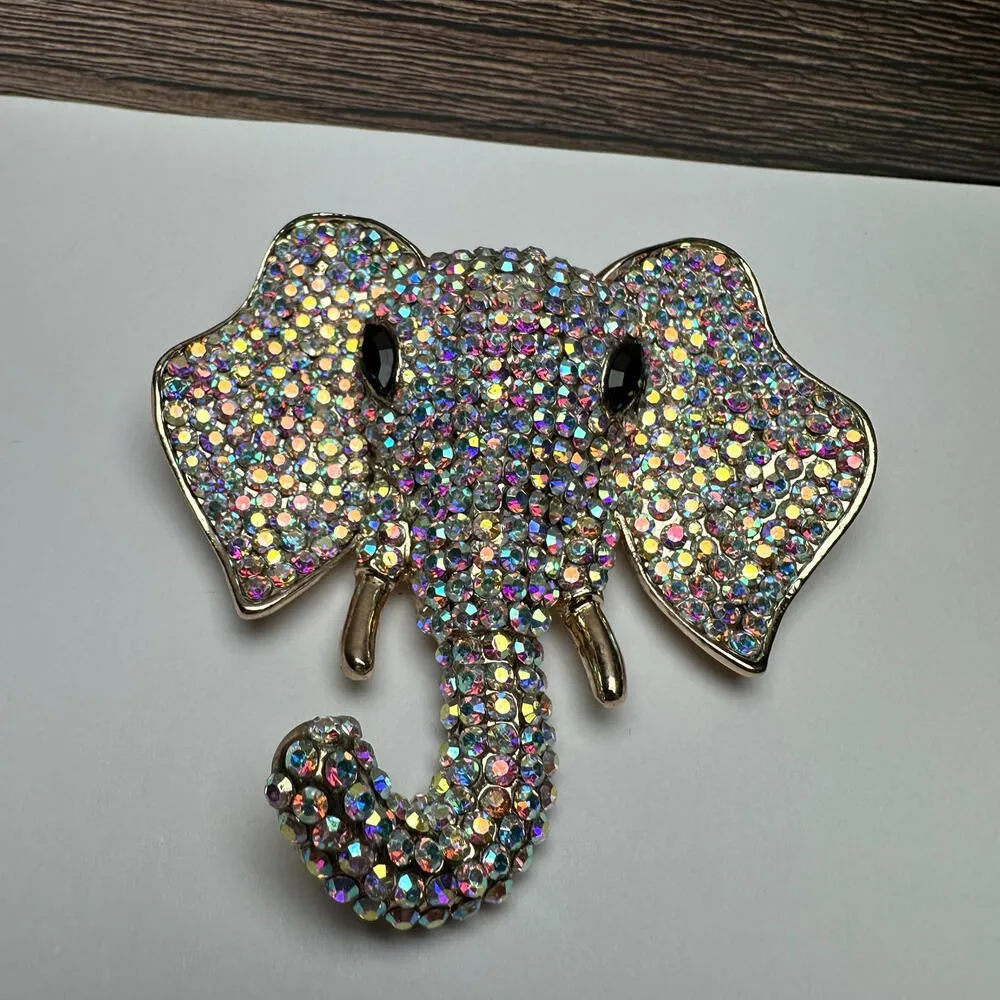 Elephant Head Large Statement AB Aurora Borealis Brooch Pin Rose Gold Tone - Image 7