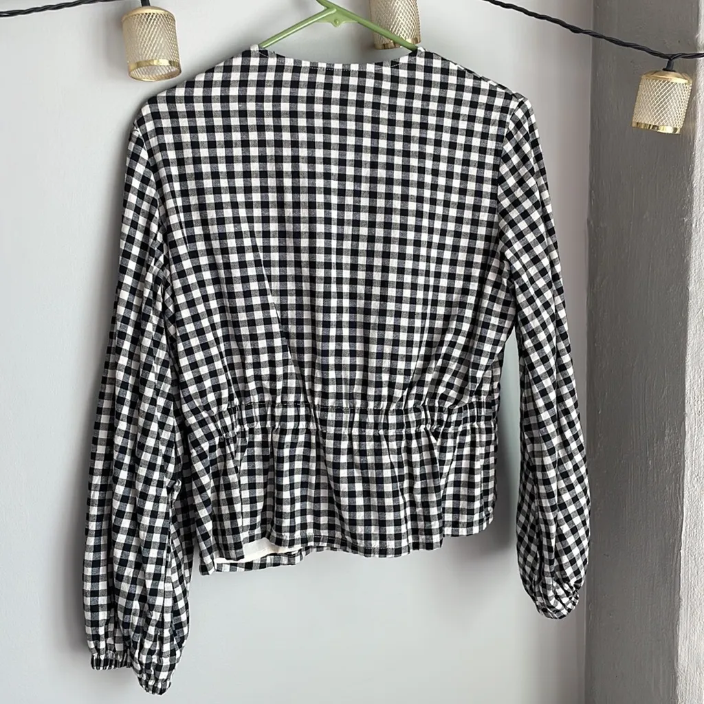 Zara Gingham Linen Blend Puff Sleeve Zipper Jacket Sz M - Image 9