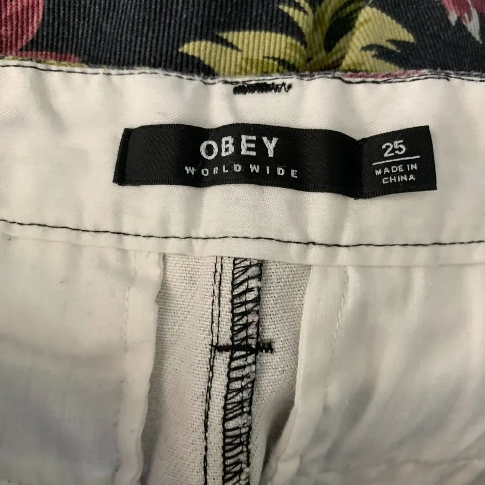 Obey High Waisted Denim Jeans 25 Black Floral Cropped Pleated Pockets Zip Mom - Image 5