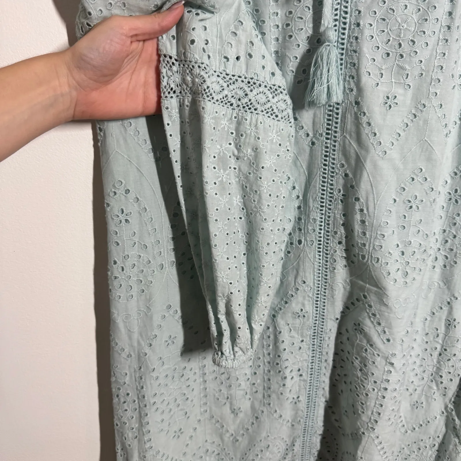 Sundance Coastland Eyelet Long Sleeve Dress S Blue Eyelet Cotton Cottage Boho - Image 6