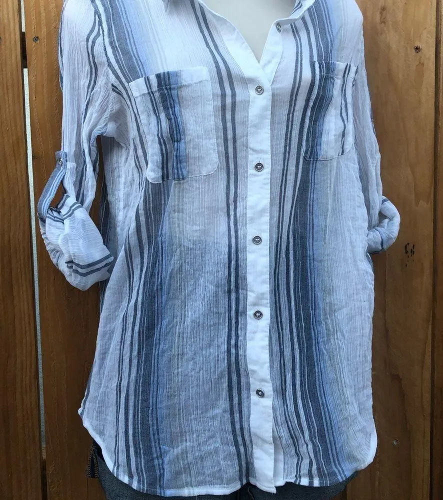 Calvin Klein button up blouse 
White and Blue Sz Med - Image 4