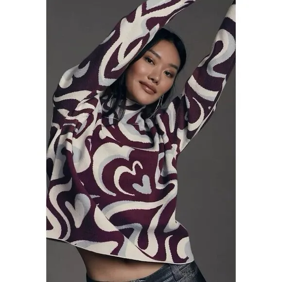 Anthropologie Maeve The Carys Mock Neck Abstract Hearts Plum Prune Sweater - Image 10