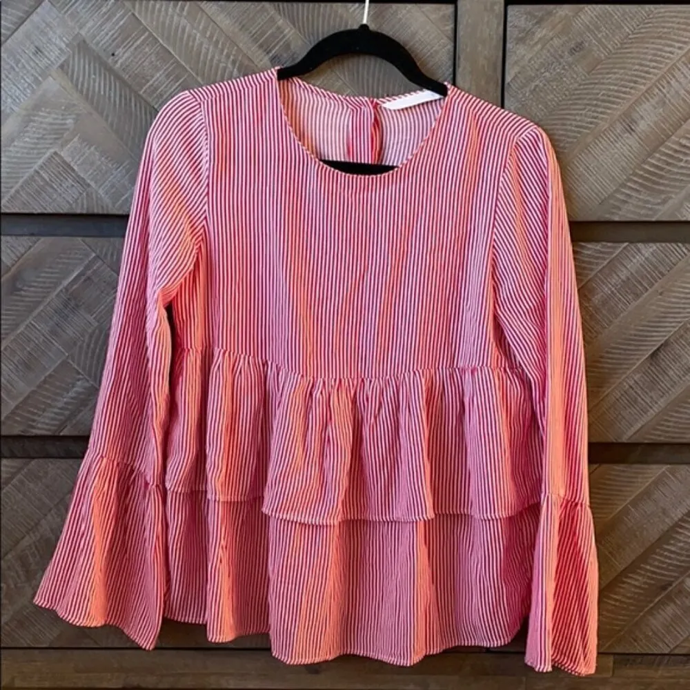 ZARA blouse Red Stripe Ruffle Top small - Image 3