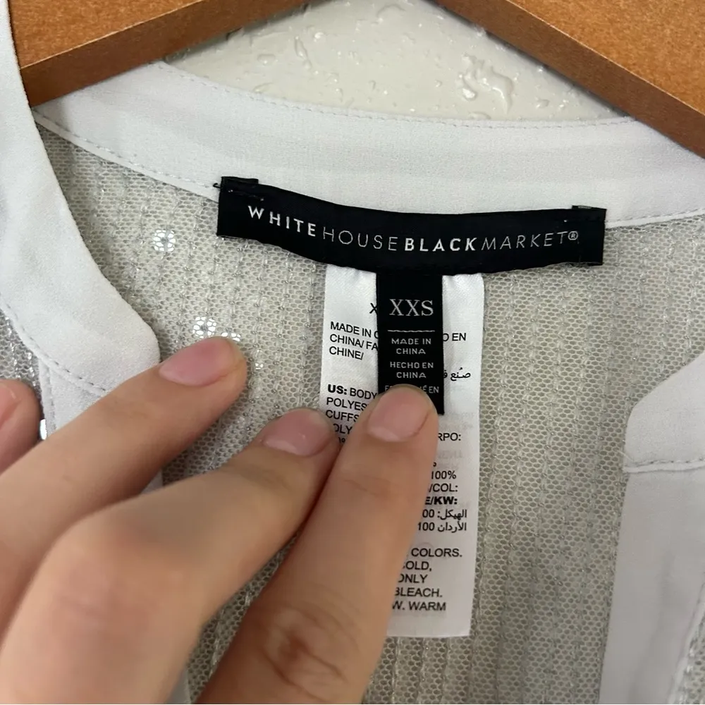 White House Black Market Grey Silver Sheer Sequin Button Down Sleeve Blouse XXS - Image 3