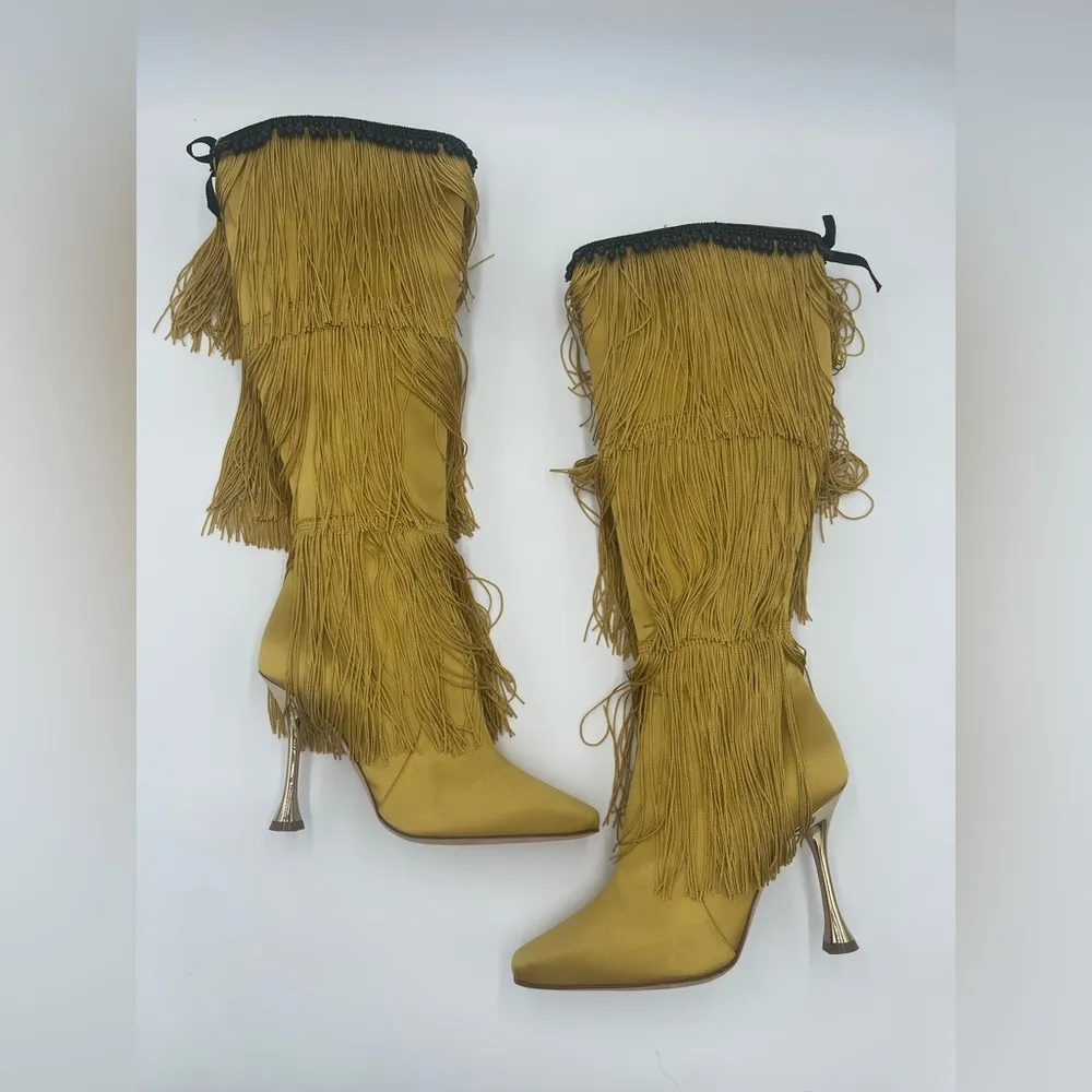 MANOLO BLAHNIK FLEQUILLOHI Yellow Satin Fringe Detail Knee High Boots 105mm - Image 2