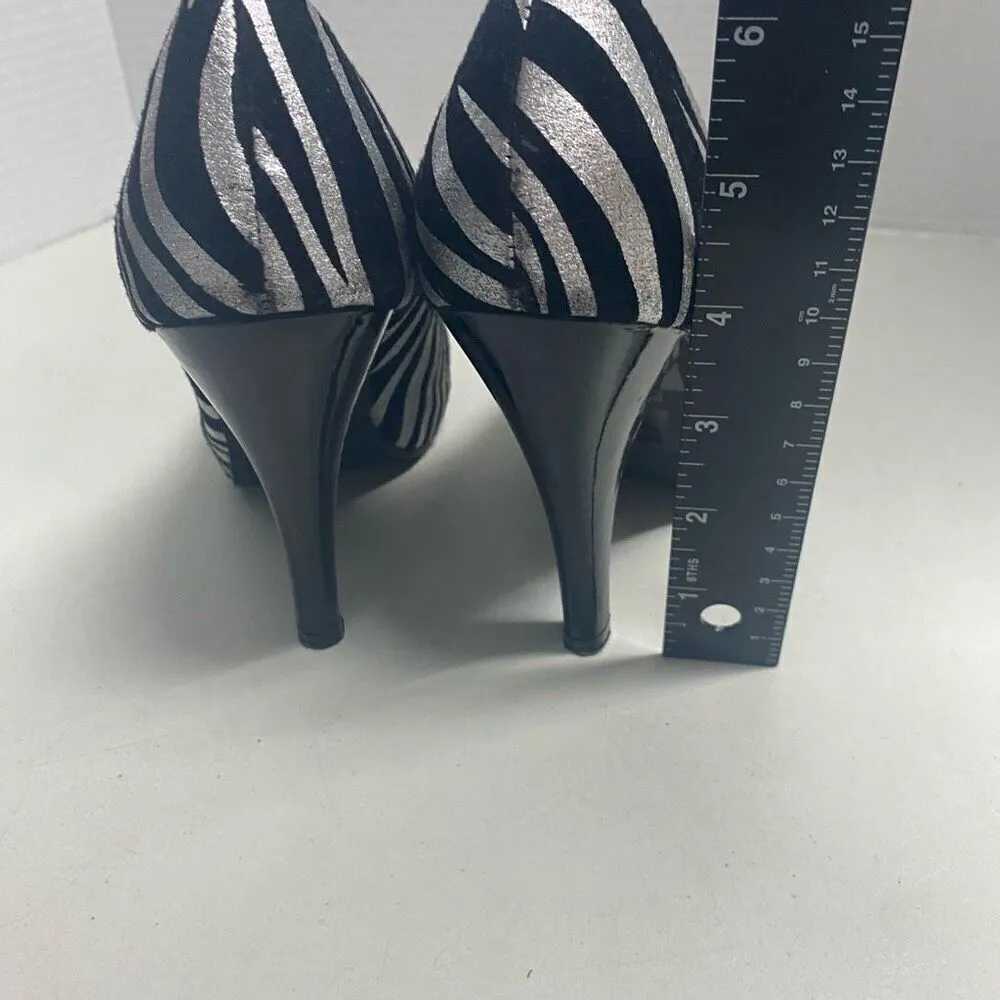 TWENTY ONE Women’s Sucess 45‎ Zebra Print 4 Inch Heels Size 6 Black Silver - Image 5