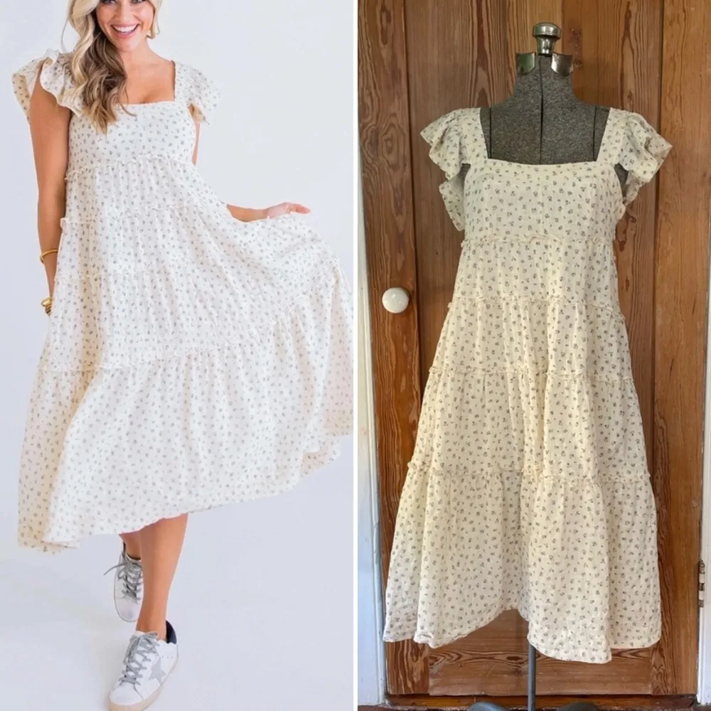 Karlie Floral Gauze Tiered Ditsy Floral Cottage Square Neck Midi Dress - Small - Image 3