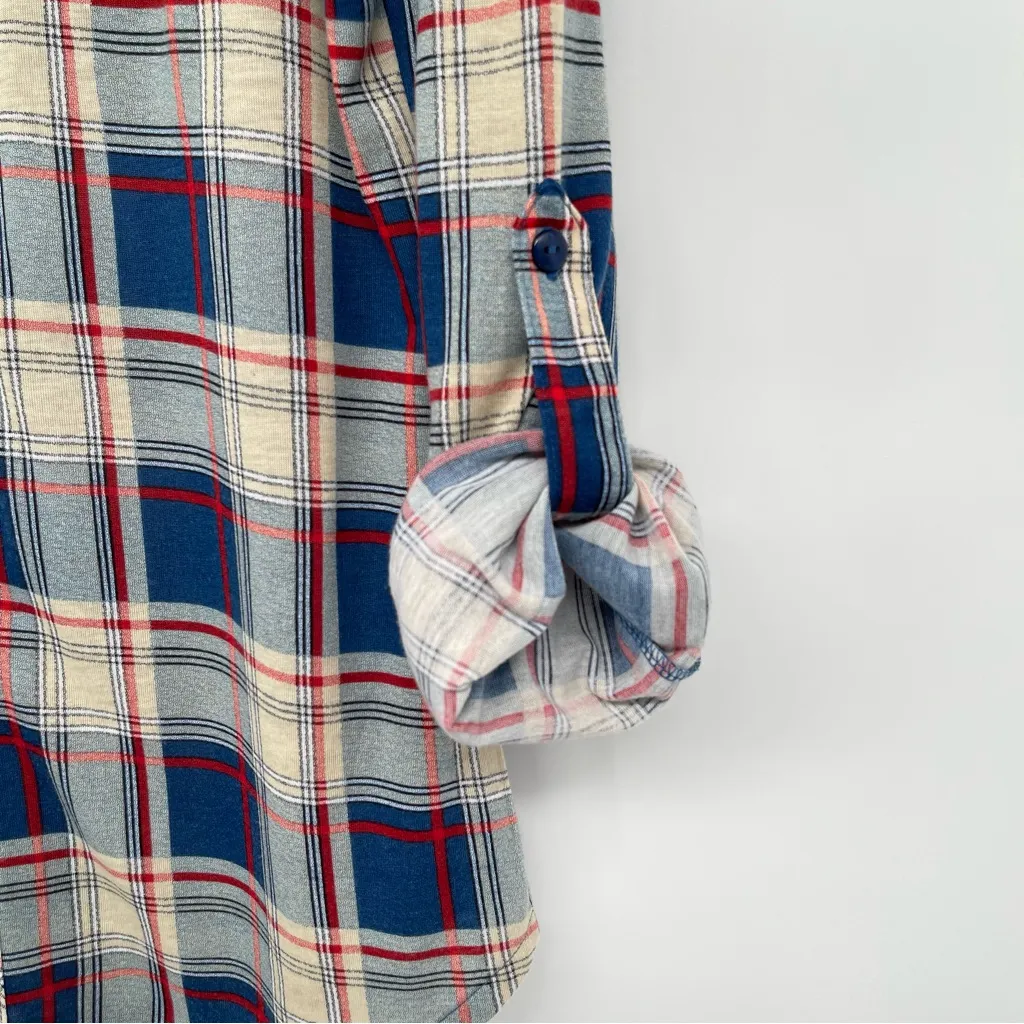 RNB Long Sleeve Button Down Women Medium Chest Pocket Sleeve Roll Tabs Plaid Blue - Image 7