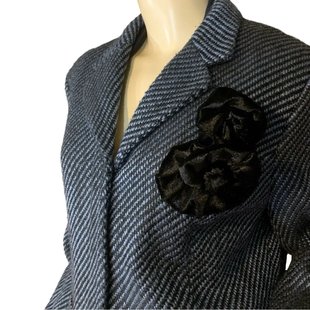 VINTAGE Y2K SAG HARBOR BLUE & BLACK HERRINGBONE BLAZER W/VELOUR FLORAL PINS (14) - Image 7