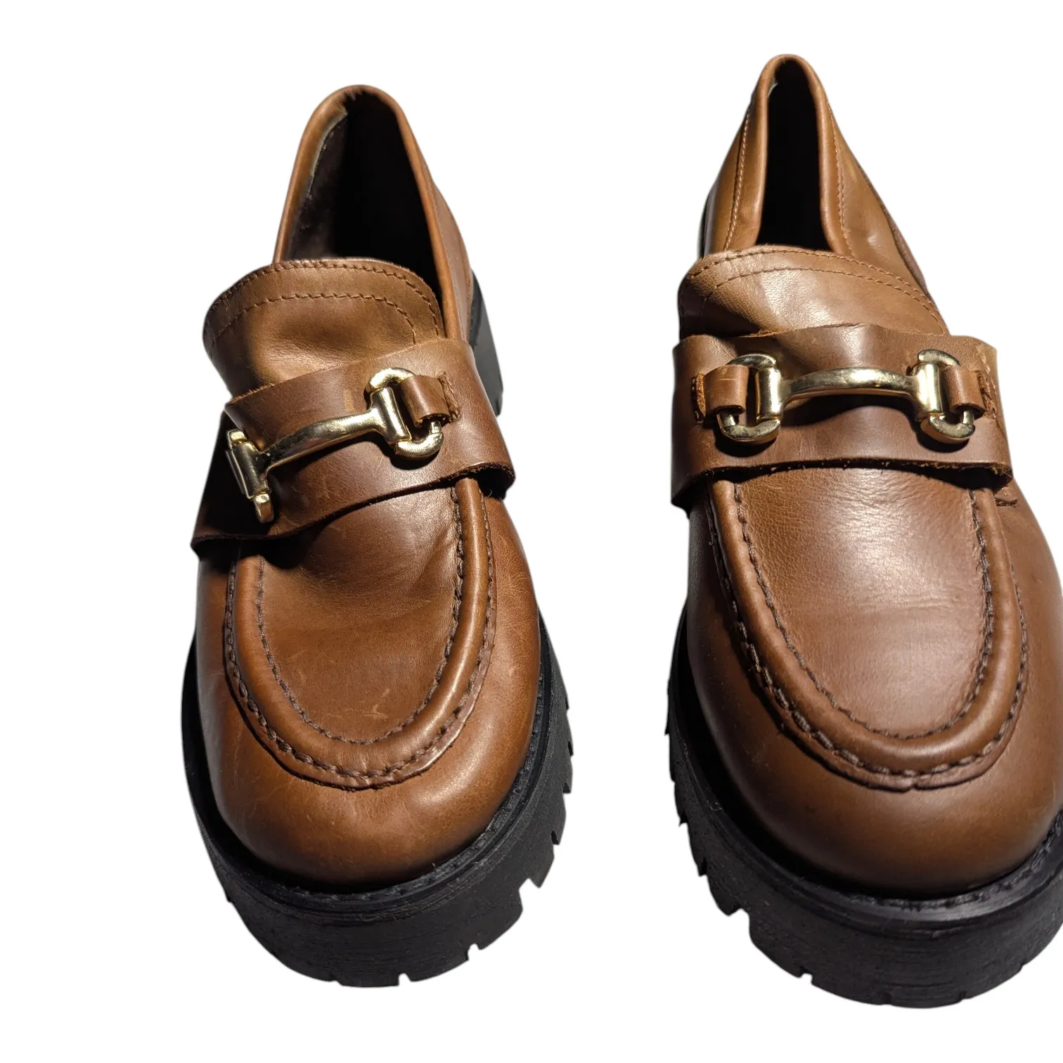 Steve Madden Lando Brown Leather Gold Tone Horsebit Chunky Sole Loafers 9.5 - Image 2