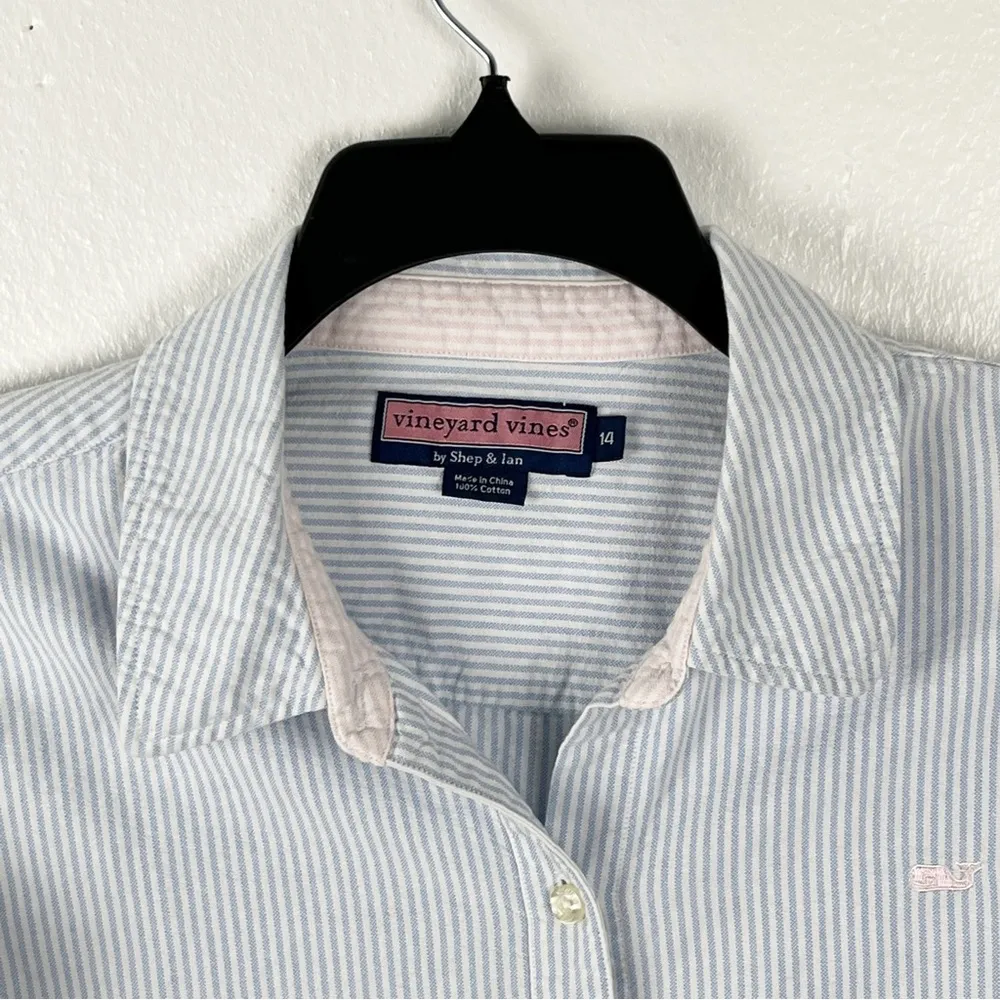 VINEYARD VINES Blue White Railroad Stripes Long Sleeves Button Shirt, Size 14 - Image 7