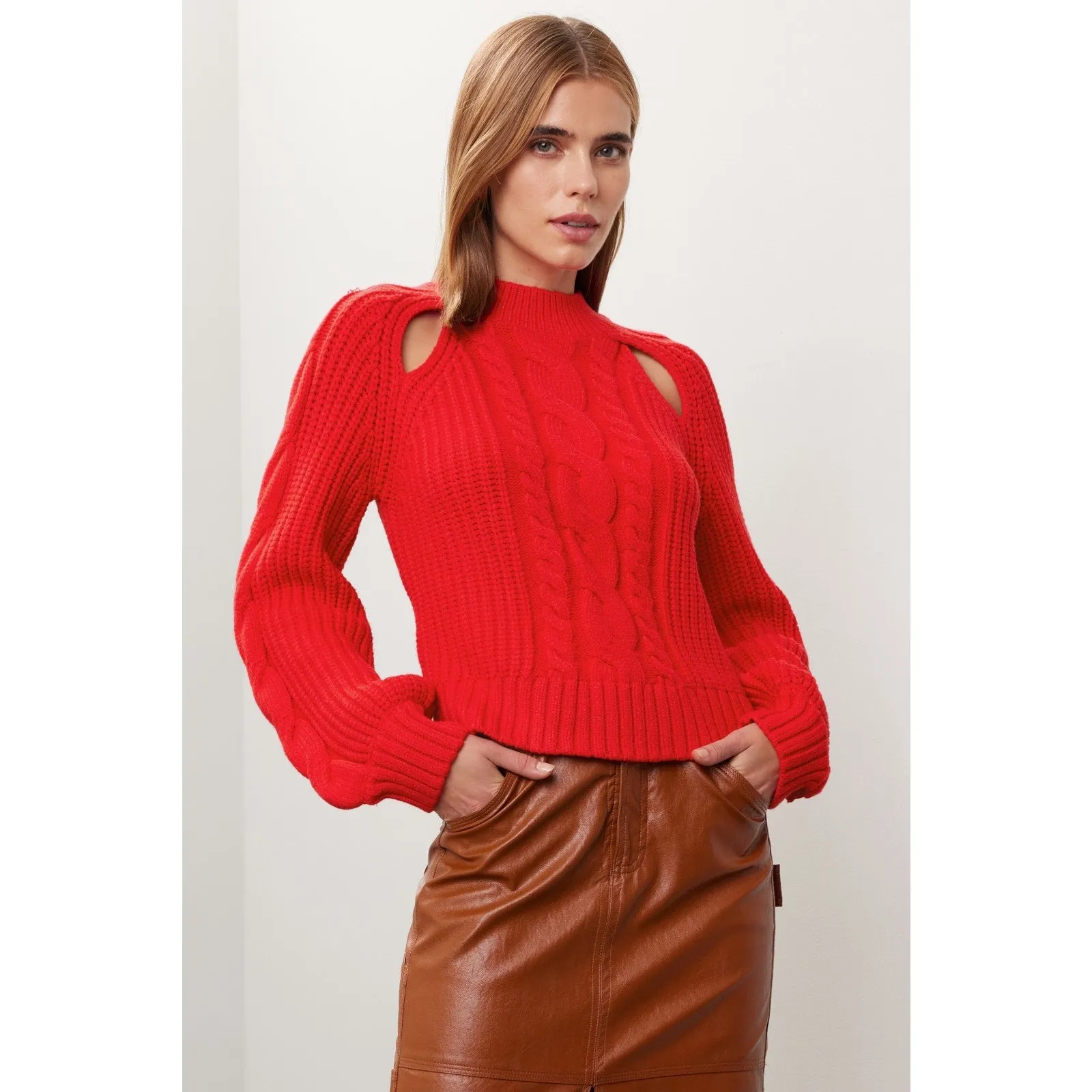 Louna Red Cable Knit Shoulder Cut Out Crewneck Pullover Sweater Size Large - Image 2