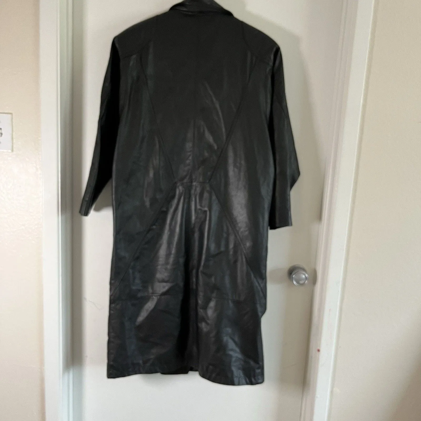 VTG 80s John Weitz Petite Black Leather Coat Goth Y2K Punk Size L - Image 3