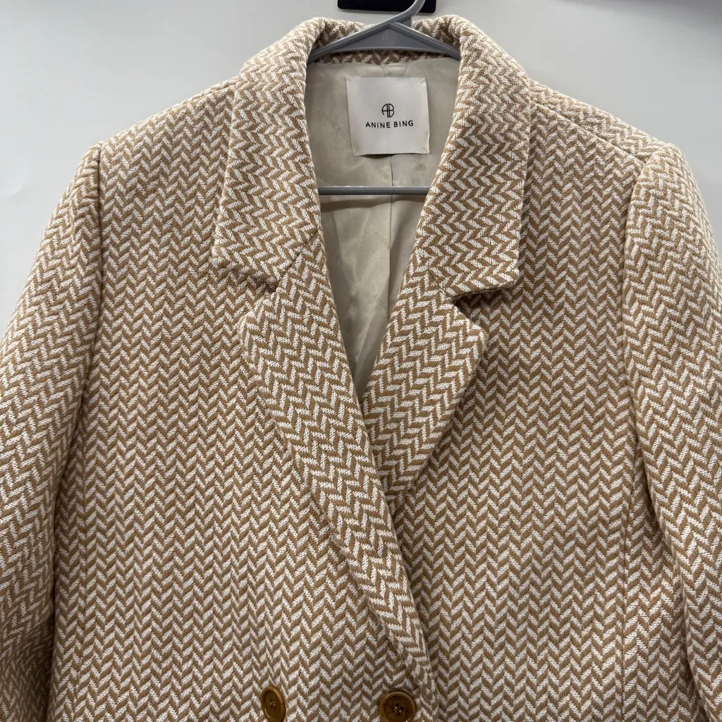 Anine Bing Tweed Herringbone Blazer Women’s Size Medium Tan Cream Double Breast - Image 4