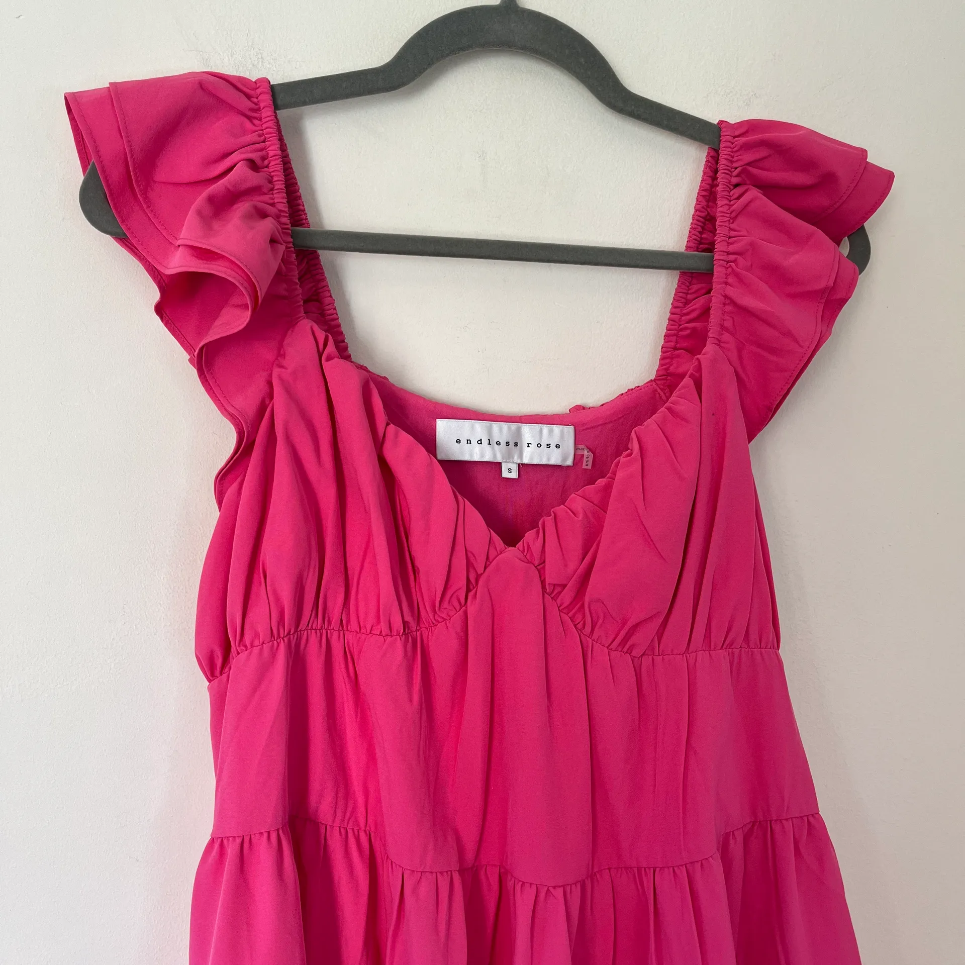 Tiered Cotton Ruffle Sleeve V-Neck Mini Dress Fuchsia Pink - Image 4