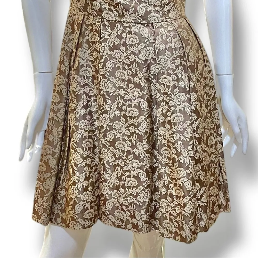 Vintage 60s Floral Brocade Brown Gold Asian Sleeveless Cocktail Dress Medium - Image 6