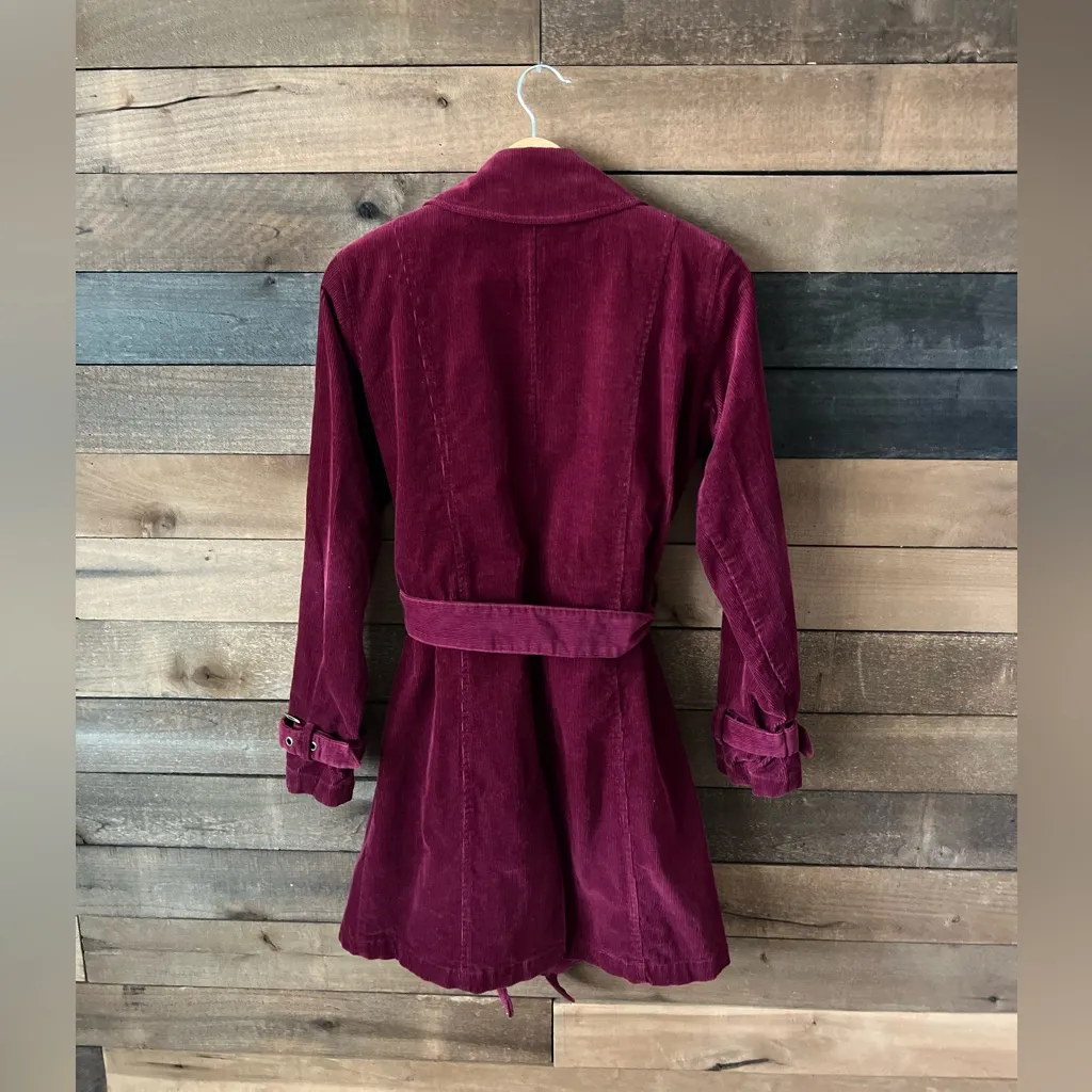 Vintage Burgundy Corduroy Trench Coat Kathy Ireland Belted Double Breasted - Image 16
